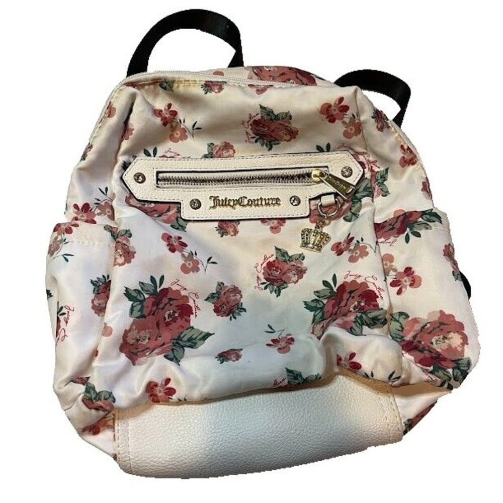 Juicy Couture White w/Pink Floral Fabric w/ Leather Trim 11" Backpack Handbag*